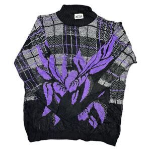 Classic Essentials Black Purple Mock Neck 80s Cosby Sweater Womens Size 10 USA